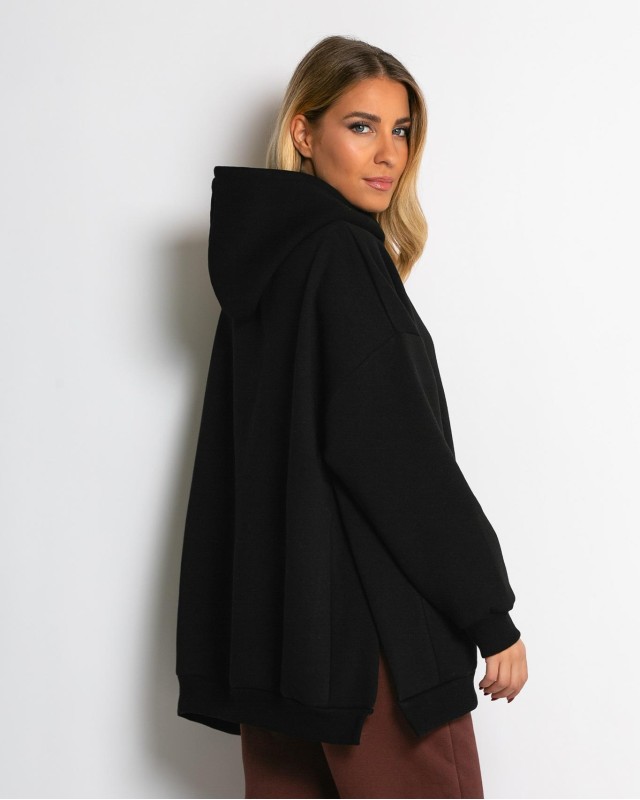 Μπλούζα φούτερ χνούδι μακρυμάνικη oversized με άνοιγμα στο πλάι μαύρο
