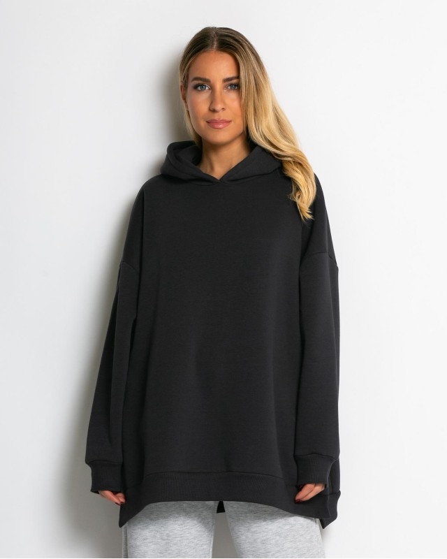 Μπλούζα φούτερ χνούδι μακρυμάνικη oversized με άνοιγμα στο πλάι ανθρακί
