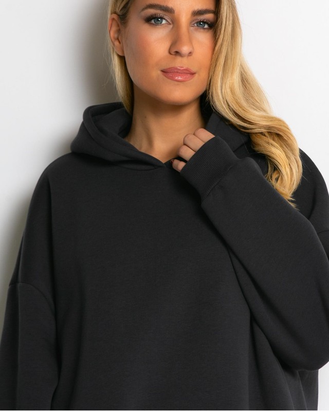 Μπλούζα φούτερ χνούδι μακρυμάνικη oversized με άνοιγμα στο πλάι ανθρακί