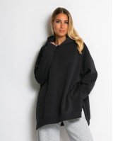 Μπλούζα φούτερ χνούδι μακρυμάνικη oversized με άνοιγμα στο πλάι ανθρακί