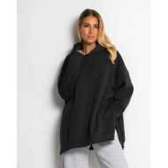 Μπλούζα φούτερ χνούδι μακρυμάνικη oversized με άνοιγμα στο πλάι ανθρακί