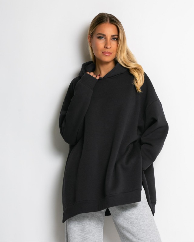 Μπλούζα φούτερ χνούδι μακρυμάνικη oversized με άνοιγμα στο πλάι ανθρακί