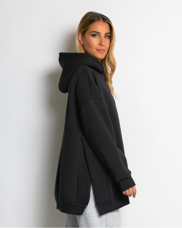 Μπλούζα φούτερ χνούδι μακρυμάνικη oversized με άνοιγμα στο πλάι ανθρακί