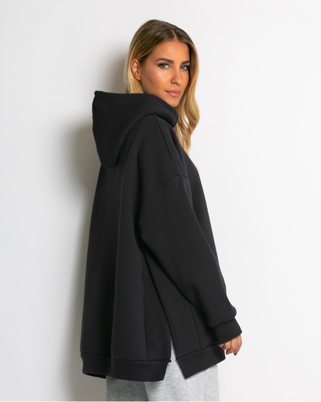 Μπλούζα φούτερ χνούδι μακρυμάνικη oversized με άνοιγμα στο πλάι ανθρακί