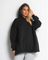 Μπλούζα φούτερ χνούδι μακρυμάνικη oversized με άνοιγμα στο πλάι ανθρακί