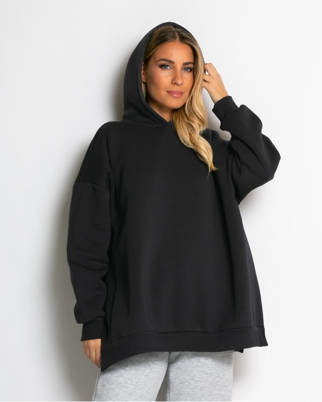 Μπλούζα φούτερ χνούδι μακρυμάνικη oversized με άνοιγμα στο πλάι ανθρακί