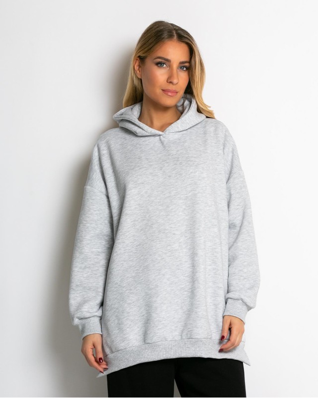 Μπλούζα φούτερ χνούδι μακρυμάνικη oversized με άνοιγμα στο πλάι γκρι μελανζέ