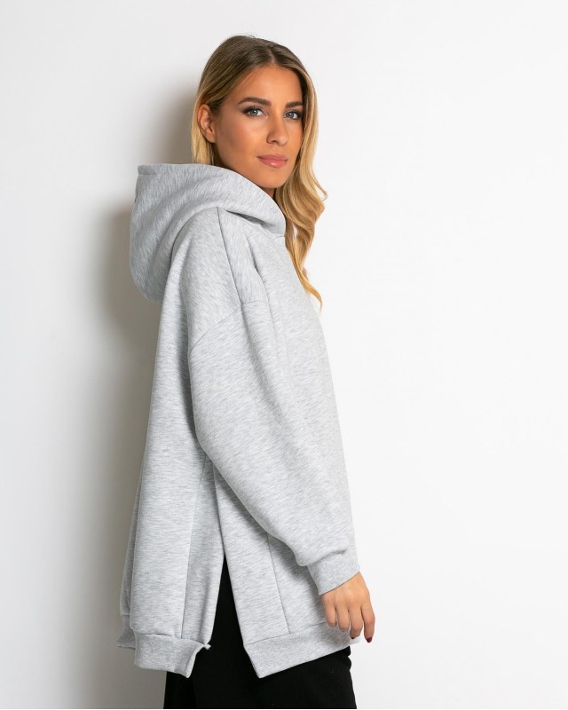 Μπλούζα φούτερ χνούδι μακρυμάνικη oversized με άνοιγμα στο πλάι γκρι μελανζέ