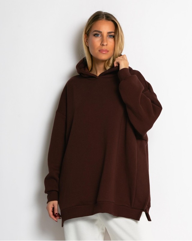 Μπλούζα φούτερ χνούδι μακρυμάνικη oversized με άνοιγμα στο πλάι βουργουνδί