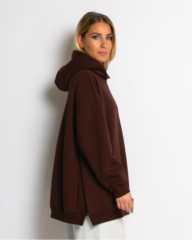 Μπλούζα φούτερ χνούδι μακρυμάνικη oversized με άνοιγμα στο πλάι βουργουνδί