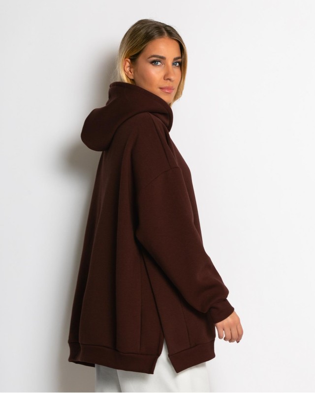 Μπλούζα φούτερ χνούδι μακρυμάνικη oversized με άνοιγμα στο πλάι βουργουνδί