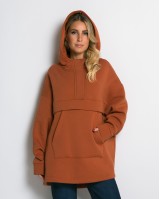 Μπλούζα φούτερ χνούδι oversized με τσέπη και κουκούλα cinnamon