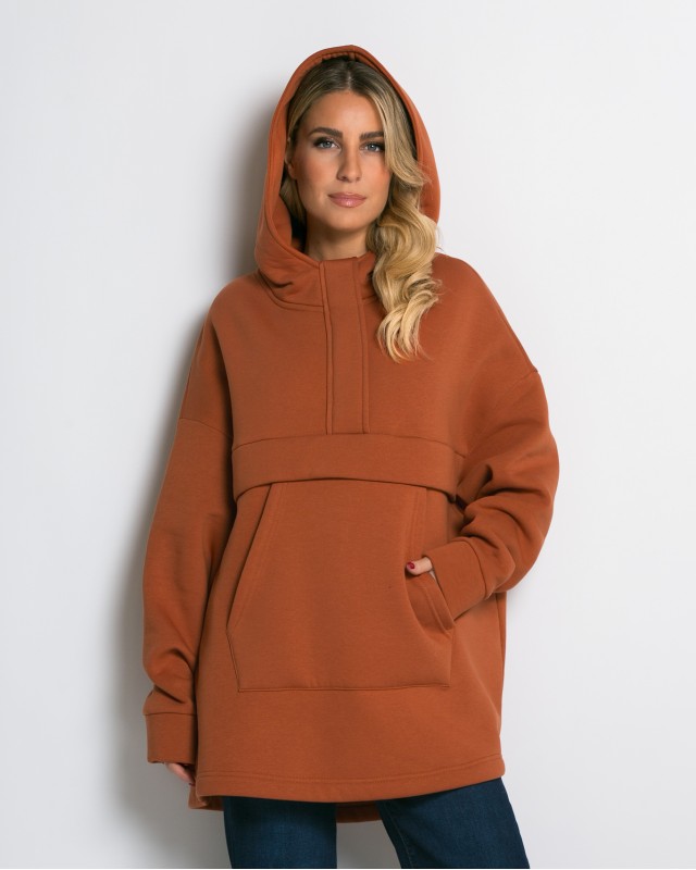 Μπλούζα φούτερ χνούδι oversized με τσέπη και κουκούλα cinnamon