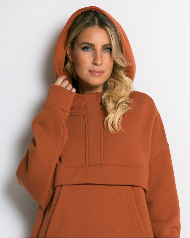 Μπλούζα φούτερ χνούδι oversized με τσέπη και κουκούλα cinnamon