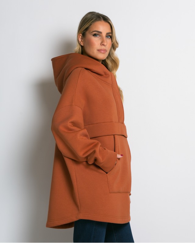 Μπλούζα φούτερ χνούδι oversized με τσέπη και κουκούλα cinnamon