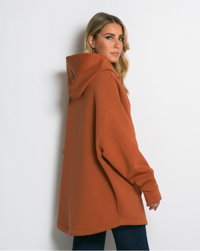 Μπλούζα φούτερ χνούδι oversized με τσέπη και κουκούλα cinnamon