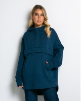 Μπλούζα φούτερ χνούδι oversized με τσέπη και κουκούλα ίντιγκο