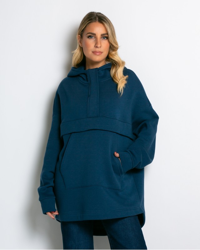 Μπλούζα φούτερ χνούδι oversized με τσέπη και κουκούλα ίντιγκο