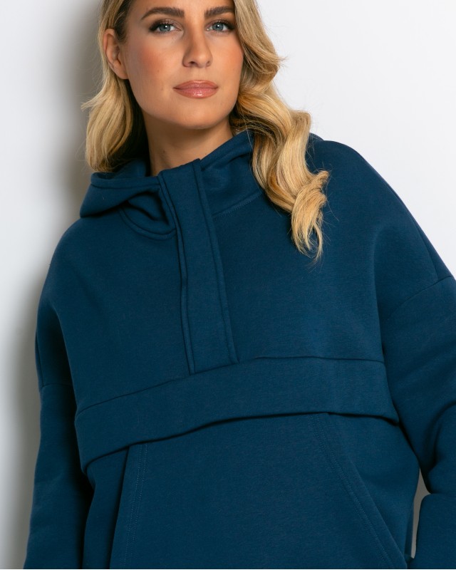 Μπλούζα φούτερ χνούδι oversized με τσέπη και κουκούλα ίντιγκο