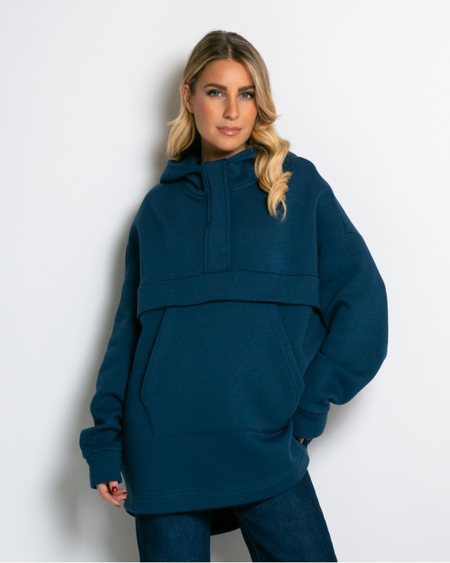 Μπλούζα φούτερ χνούδι oversized με τσέπη και κουκούλα ίντιγκο