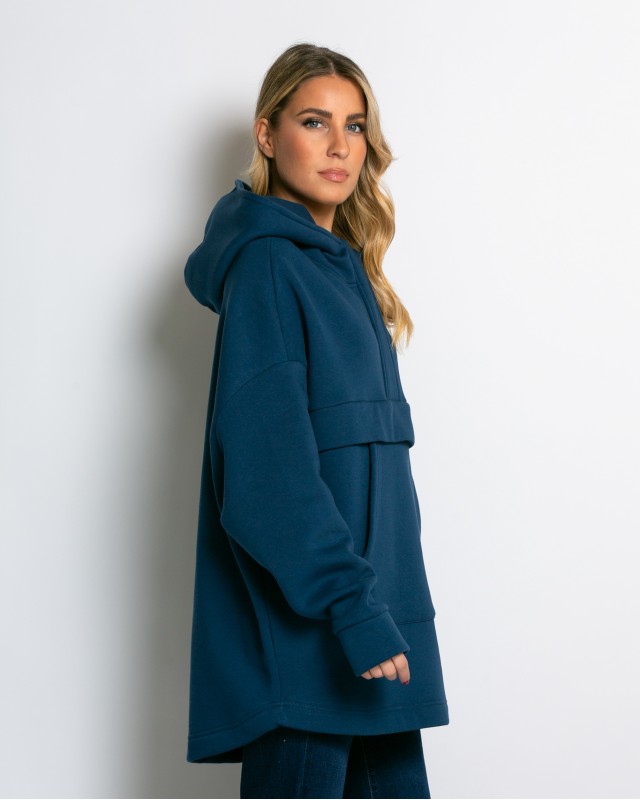 Μπλούζα φούτερ χνούδι oversized με τσέπη και κουκούλα ίντιγκο