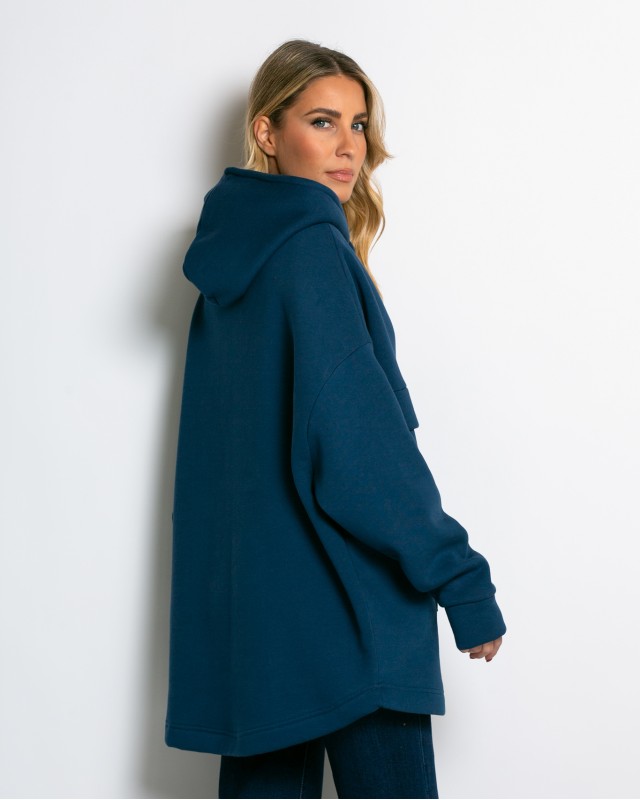 Μπλούζα φούτερ χνούδι oversized με τσέπη και κουκούλα ίντιγκο
