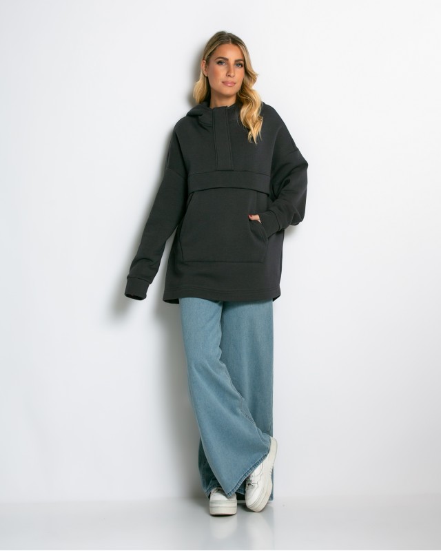 Μπλούζα φούτερ χνούδι oversized με τσέπη και κουκούλα ανθρακί