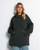 Μπλούζα φούτερ χνούδι oversized με τσέπη και κουκούλα ανθρακί