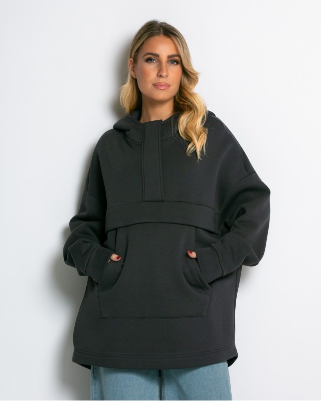 Μπλούζα φούτερ χνούδι oversized με τσέπη και κουκούλα ανθρακί