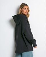 Μπλούζα φούτερ χνούδι oversized με τσέπη και κουκούλα ανθρακί