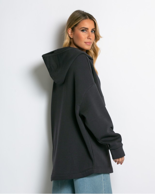 Μπλούζα φούτερ χνούδι oversized με τσέπη και κουκούλα ανθρακί