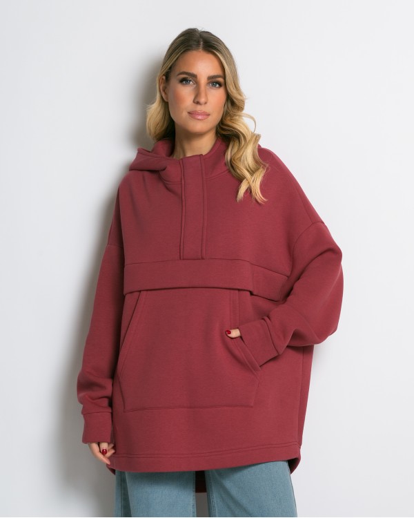Μπλούζα φούτερ χνούδι oversized με τσέπη και κουκούλα cherry
