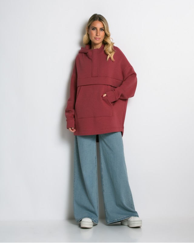 Μπλούζα φούτερ χνούδι oversized με τσέπη και κουκούλα cherry