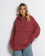 Μπλούζα φούτερ χνούδι oversized με τσέπη και κουκούλα cherry