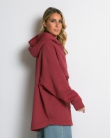 Μπλούζα φούτερ χνούδι oversized με τσέπη και κουκούλα cherry
