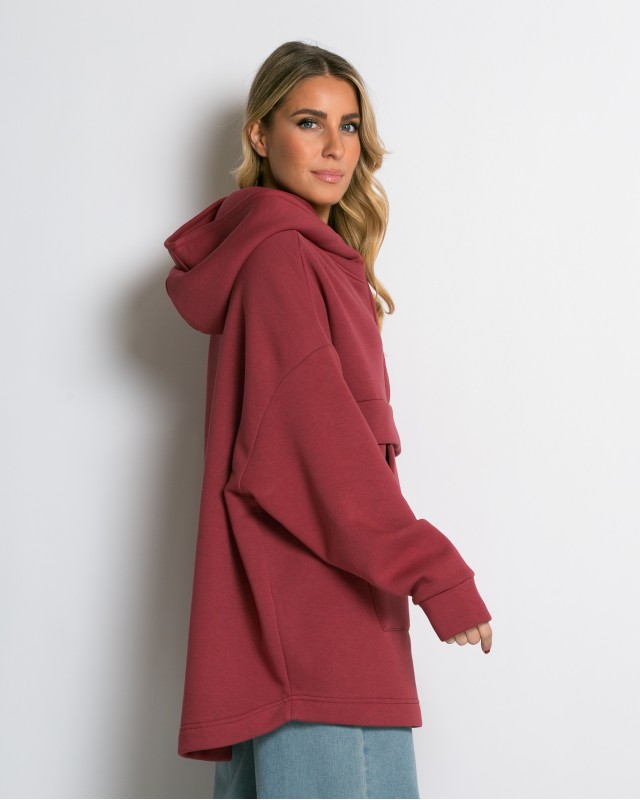 Μπλούζα φούτερ χνούδι oversized με τσέπη και κουκούλα cherry
