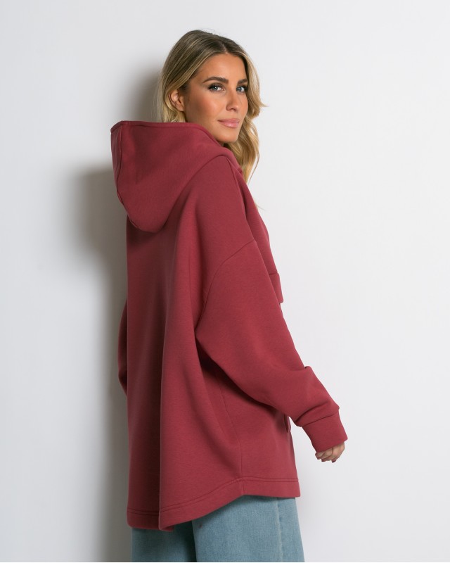 Μπλούζα φούτερ χνούδι oversized με τσέπη και κουκούλα cherry