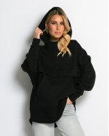 Μπλούζα φούτερ χνούδι oversized με τσέπη και κουκούλα μαύρο