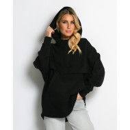 Μπλούζα φούτερ χνούδι oversized με τσέπη και κουκούλα μαύρο