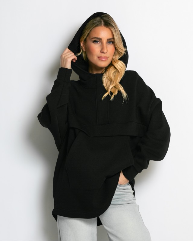 Μπλούζα φούτερ χνούδι oversized με τσέπη και κουκούλα μαύρο