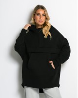 Μπλούζα φούτερ χνούδι oversized με τσέπη και κουκούλα μαύρο