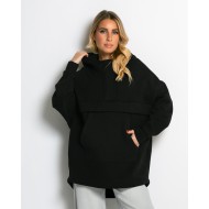 Μπλούζα φούτερ χνούδι oversized με τσέπη και κουκούλα μαύρο