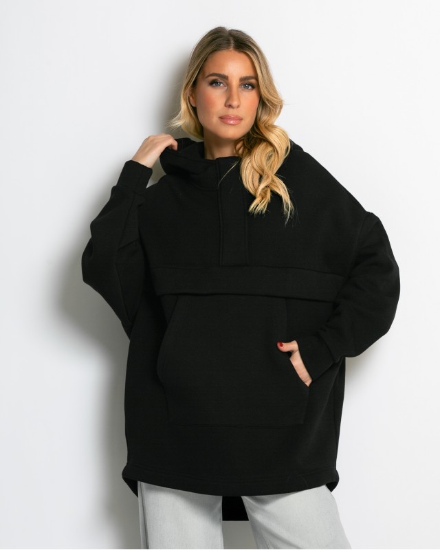 Μπλούζα φούτερ χνούδι oversized με τσέπη και κουκούλα μαύρο