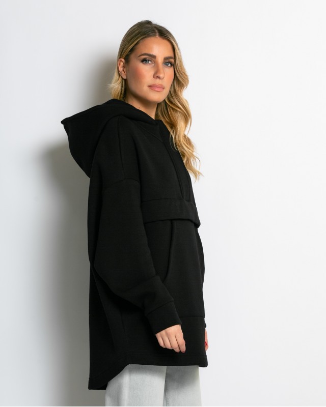 Μπλούζα φούτερ χνούδι oversized με τσέπη και κουκούλα μαύρο