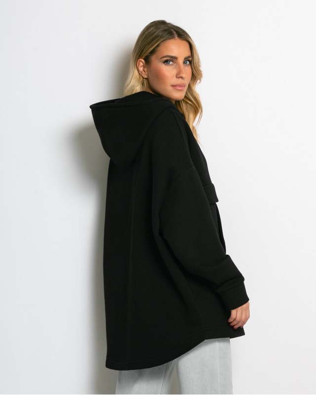 Μπλούζα φούτερ χνούδι oversized με τσέπη και κουκούλα μαύρο