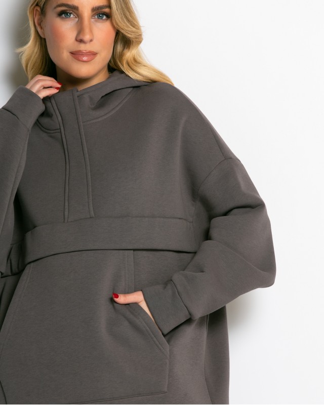 Μπλούζα φούτερ χνούδι oversized με τσέπη και κουκούλα πούρο