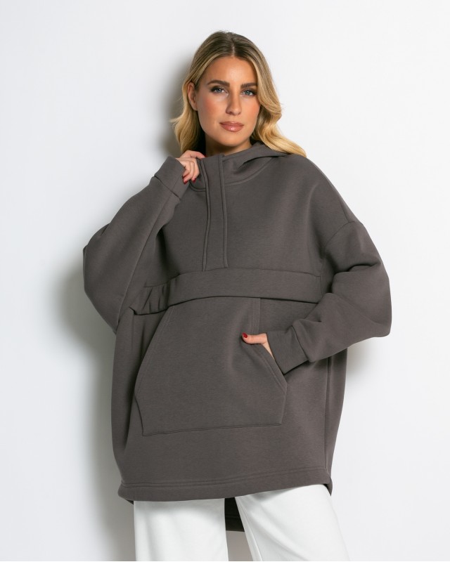 Μπλούζα φούτερ χνούδι oversized με τσέπη και κουκούλα πούρο