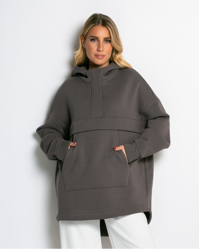 Μπλούζα φούτερ χνούδι oversized με τσέπη και κουκούλα πούρο
