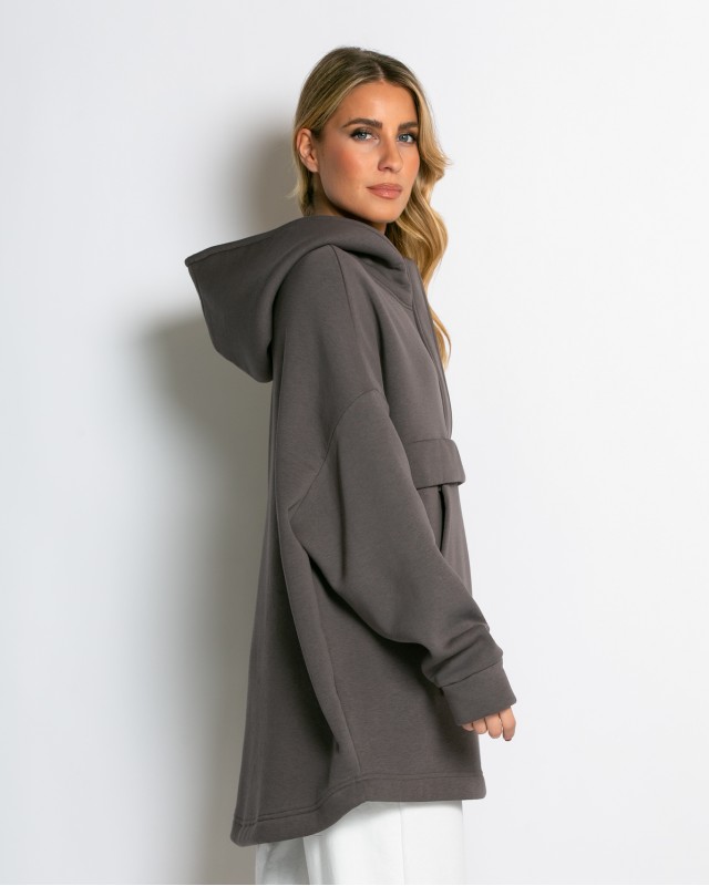 Μπλούζα φούτερ χνούδι oversized με τσέπη και κουκούλα πούρο
