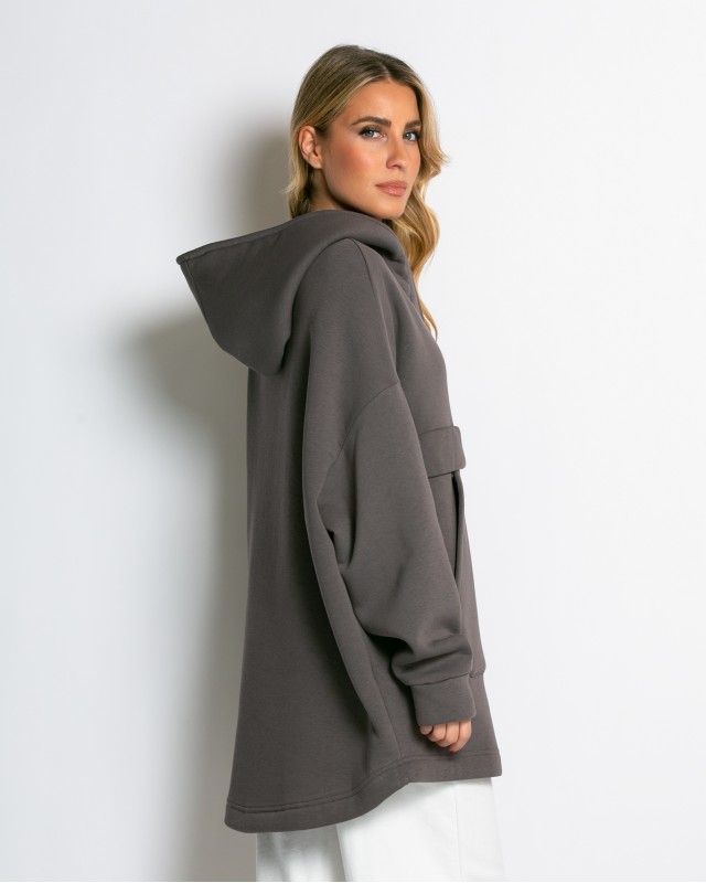 Μπλούζα φούτερ χνούδι oversized με τσέπη και κουκούλα πούρο